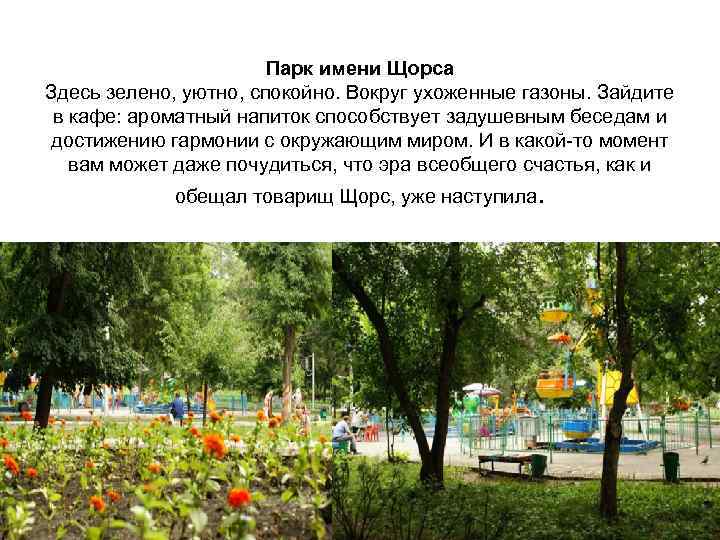 Парк имени Щорса Здесь зелено, уютно, спокойно. Вокруг ухоженные газоны. Зайдите в кафе: ароматный