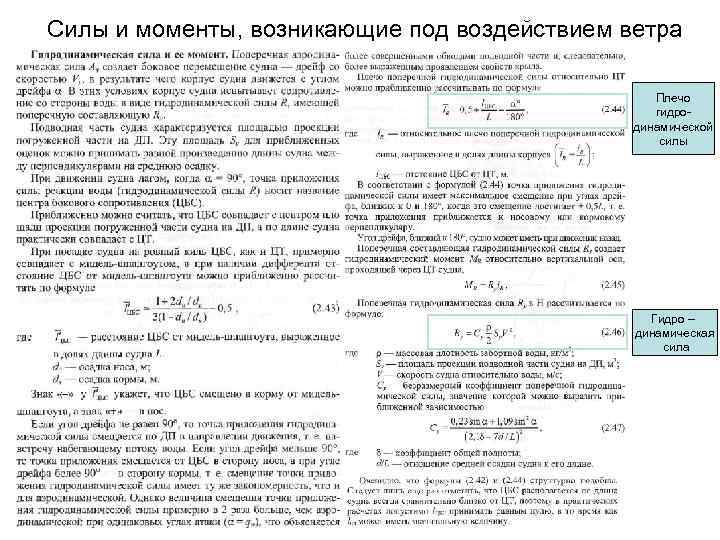 Силы и моменты, возникающие под воздействием ветра Плечо гидродинамической силы Гидро – динамическая сила