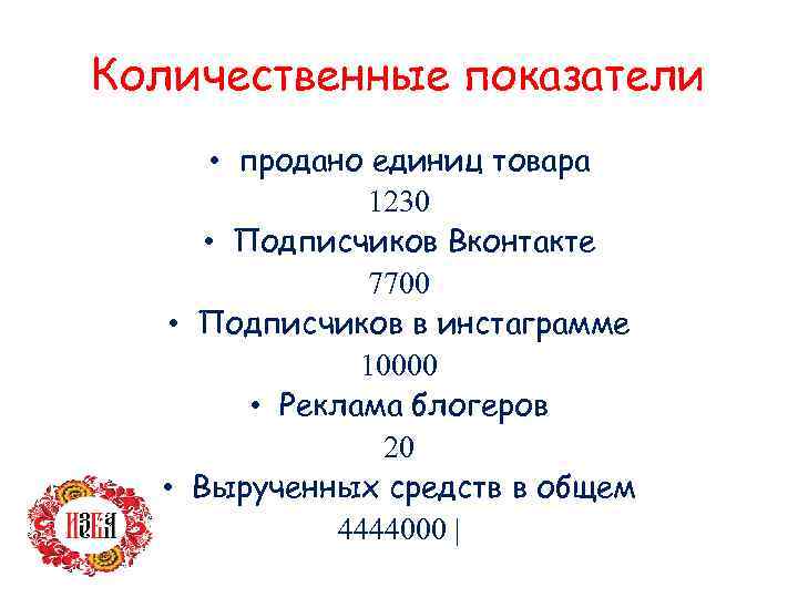 Количественные показатели • продано единиц товара 1230 • Подписчиков Вконтакте 7700 • Подписчиков в