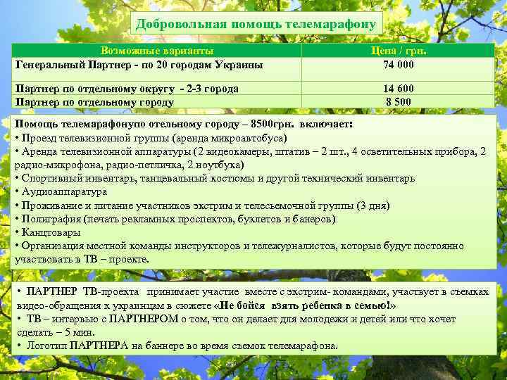 Добровольная помощь телемарафону Возможные варианты Генеральный Партнер - по 20 городам Украины Партнер по