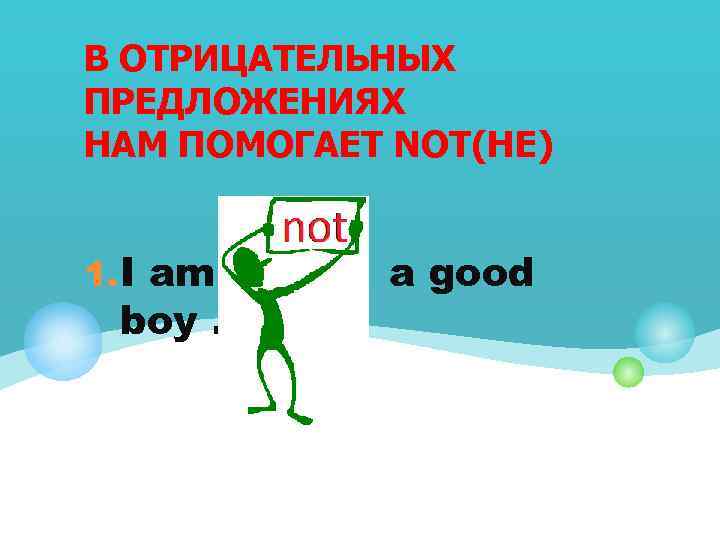 В ОТРИЦАТЕЛЬНЫХ ПРЕДЛОЖЕНИЯХ НАМ ПОМОГАЕТ NOT(НЕ) 1. I am boy. a good 