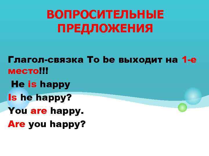 ВОПРОСИТЕЛЬНЫЕ ПРЕДЛОЖЕНИЯ Глагол-связка To be выходит на 1 -е место!!! He is happy Is