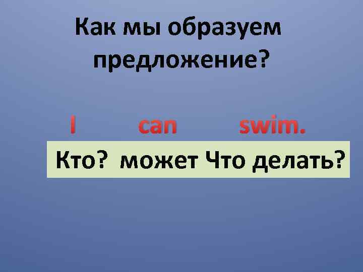 Как мы образуем предложение? I can swim. Кто? может Что делать? 