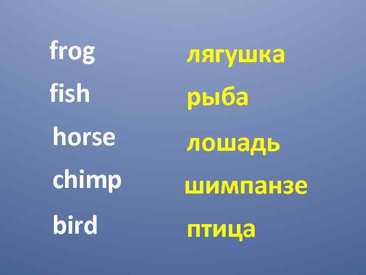 frog лягушка fish рыба horse лошадь chimp шимпанзе bird птица 