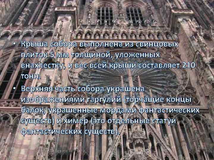  • Крыша собора выполнена из свинцовых плиток 5 мм толщиной, уложенных внахлестку, и