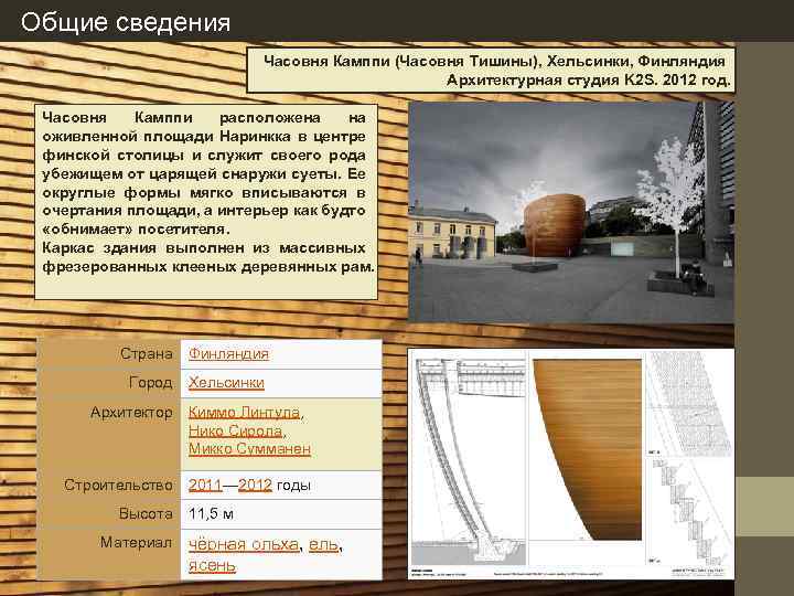 Общие сведения Часовня Камппи (Часовня Тишины), Хельсинки, Финляндия Архитектурная студия K 2 S. 2012