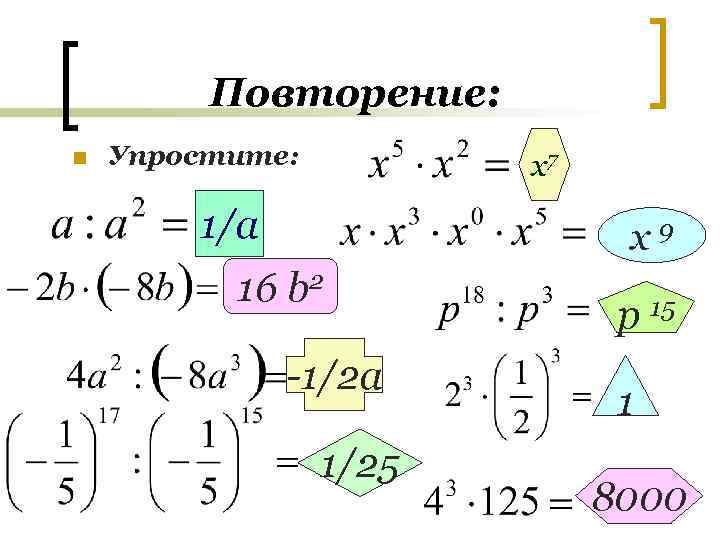 Повторение: n Упростите: х7 1/а х9 16 b 2 -1/2 а 1/25 р 15
