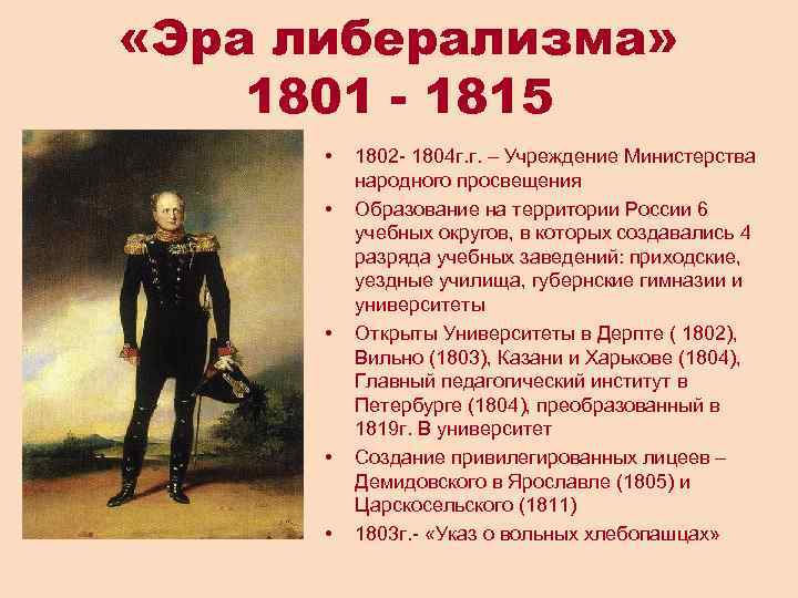  «Эра либерализма» 1801 - 1815 • • • 1802 - 1804 г. г.