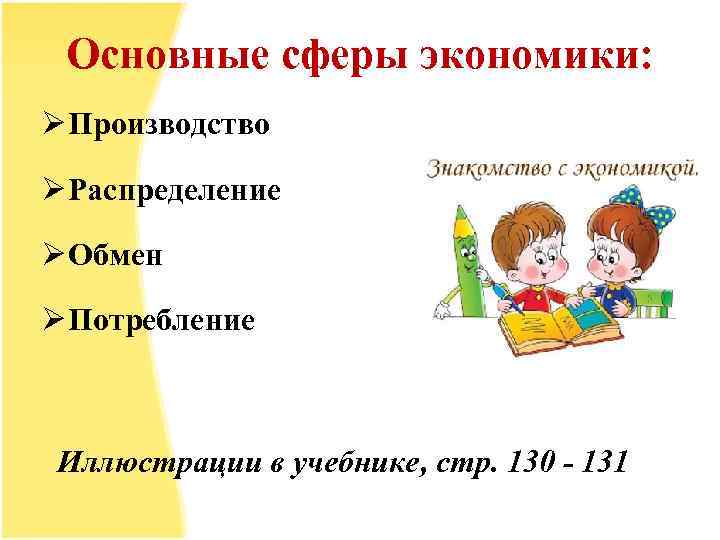 Основные сферы экономики: Ø Производство Ø Распределение Ø Обмен Ø Потребление Иллюстрации в учебнике,