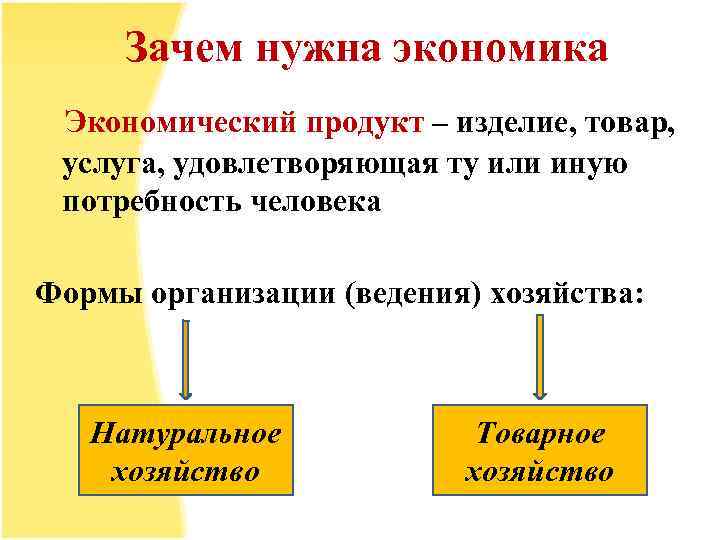 Зачем нужна экономика Экономический продукт – изделие, товар, услуга, удовлетворяющая ту или иную потребность