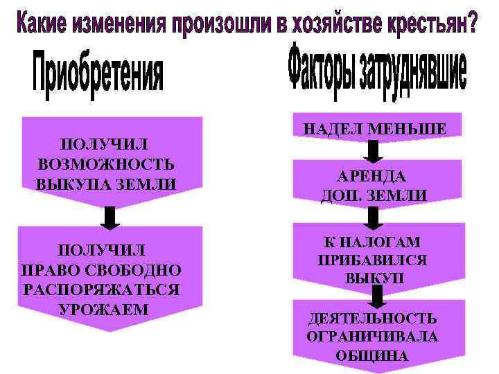 ПОЛУЧИЛ ВОЗМОЖНОСТЬ ВЫКУПА ЗЕМЛИ ПОЛУЧИЛ ПРАВО СВОБОДНО РАСПОРЯЖАТЬСЯ УРОЖАЕМ НАДЕЛ МЕНЬШЕ АРЕНДА ДОП. ЗЕМЛИ