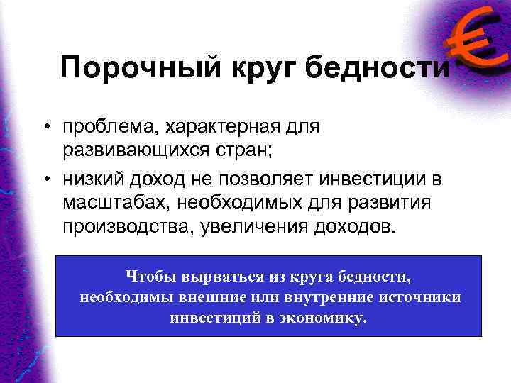 Порочный круг бедности • проблема, характерная для развивающихся стран; • низкий доход не позволяет