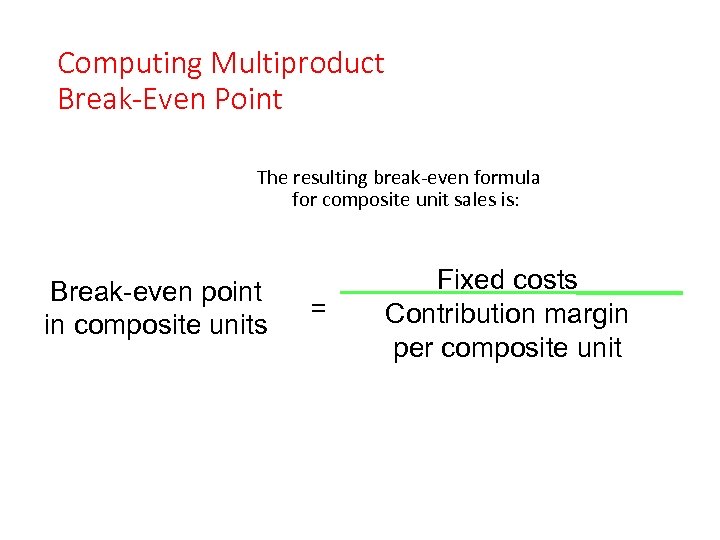 Computing Multiproduct Break-Even Point The resulting break-even formula for composite unit sales is: Break-even