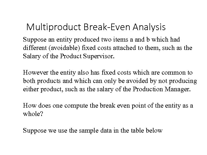 Multiproduct Break-Even Analysis Suppose an entity produced two items a and b which had