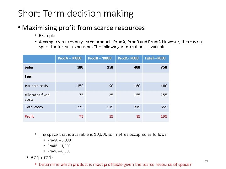 Short Term decision making • Maximising profit from scarce resources • Example • A