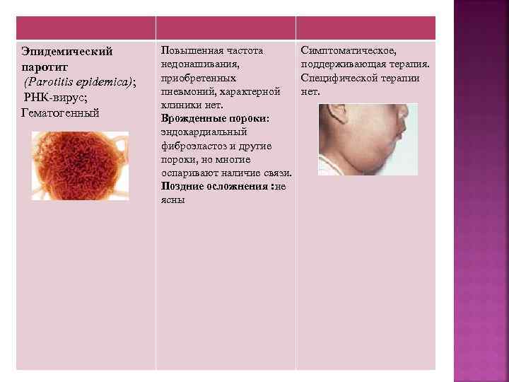 Эпидемический паротит (Parotitis epidemica); РНК-вирус; Гематогенный Повышенная частота недонашивания, приобретенных пневмоний, характерной клиники нет.