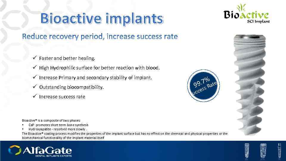 Bioactive implants ü Faster and better healing. ü High Hydrophilic surface for better reaction