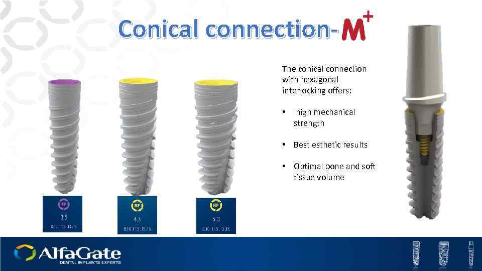 Conical connection. The conical connection with hexagonal interlocking offers: • high mechanical strength •