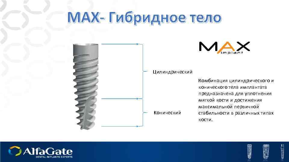 MAX- Гибридное тело Цилиндрический Kонический Комбинация цилиндрического и конического тела имплантата предназначена для уплотнения