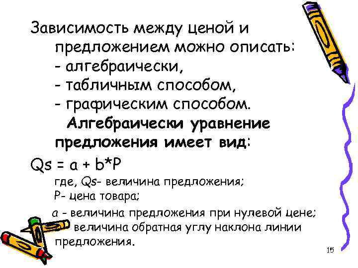 Зависимость между ценой и предложением можно описать: - алгебраически, - табличным способом, - графическим