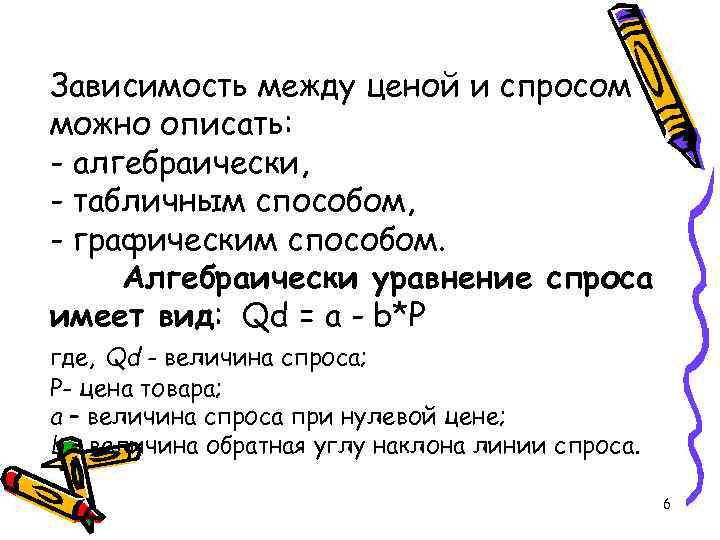 Зависимость между ценой и спросом можно описать: - алгебраически, - табличным способом, - графическим