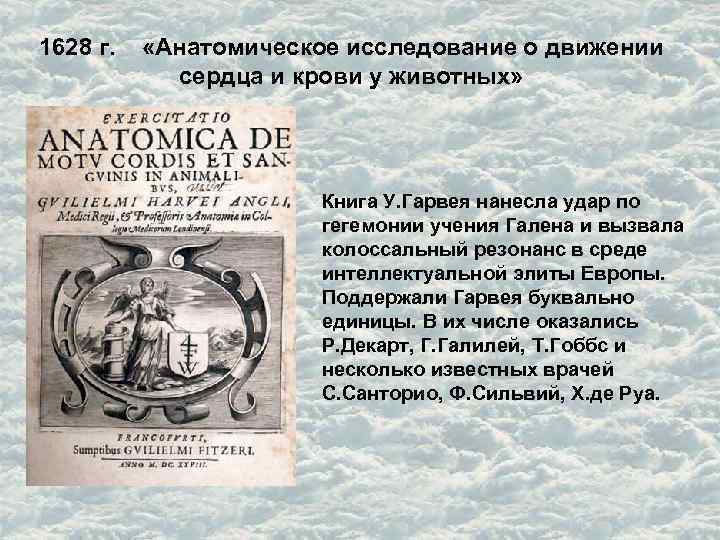 1628 г. «Анатомическое исследование о движении сердца и крови у животных» Книга У. Гарвея