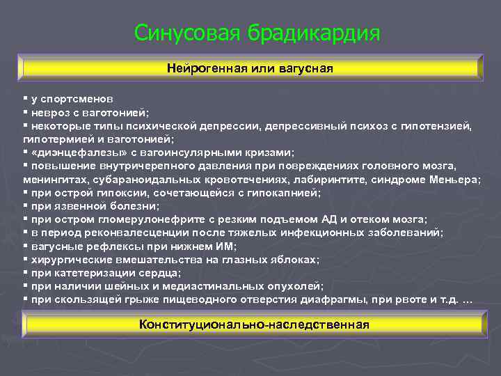 Синусовая брадикардия Нейрогенная или вагусная § у спортсменов § невроз с ваготонией; § некоторые