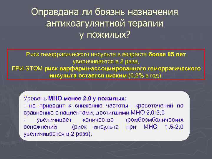 Оправдана ли боязнь назначения антикоагулянтной терапии у пожилых? Риск геморрагического инсульта в возрасте более