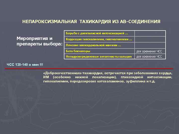 НЕПАРОКСИЗМАЛЬНАЯ ТАХИКАРДИЯ ИЗ АВ-СОЕДИНЕНИЯ Борьба с дигиталисной интоксикацией … Мероприятия и препараты выбора: Коррекция