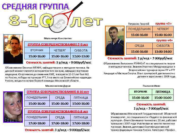 СРЕДНЯЯ ГРУППА Петренко Георгий ПОНЕДЕЛЬНИК (ГРУППА СОВЕРШЕНСТВОВАНИЯ) 7 -9 лет ВТОРНИК ЧЕТВЕРГ СУББОТА 15: