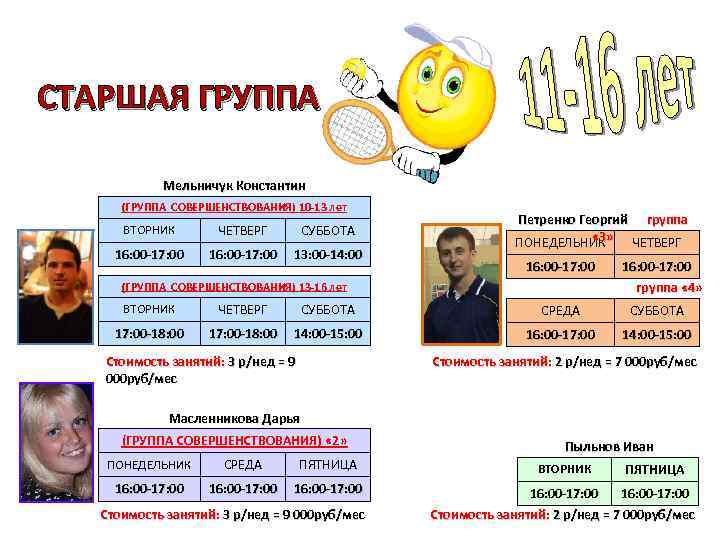 СТАРШАЯ ГРУППА Мельничук Константин (ГРУППА СОВЕРШЕНСТВОВАНИЯ) 10 -13 лет ВТОРНИК ЧЕТВЕРГ СУББОТА 16: 00