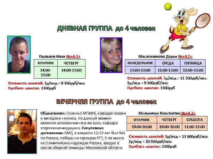 ДНЕВНАЯ ГРУППА до 4 человек Пыльнов Иван № « 4. 1» Масленникова Дарья №