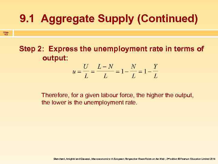 9. 1 Aggregate Supply (Continued) Slide 9. 3 Step 2: Express the unemployment rate