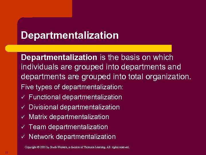 Departmentalization is the basis on which individuals are grouped into departments and departments are