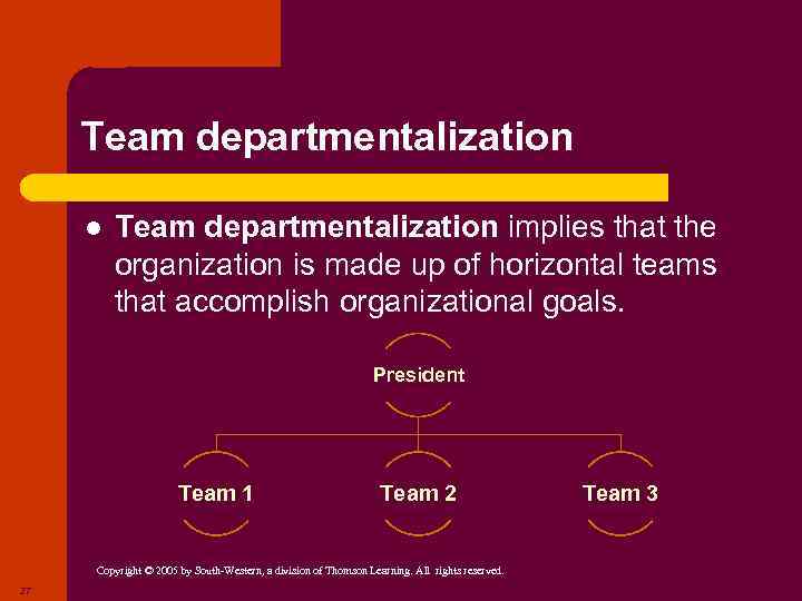 Team departmentalization l Team departmentalization implies that the organization is made up of horizontal