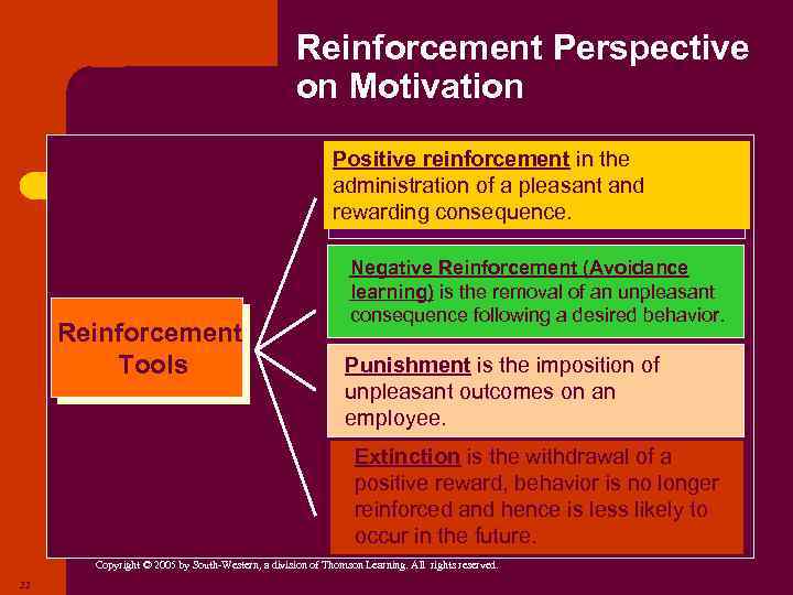 Reinforcement Perspective on Motivation Positive reinforcement in the administration of a pleasant and rewarding