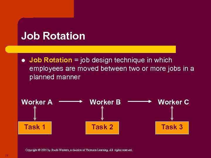 Job Rotation l Job Rotation = job design technique in which employees are moved