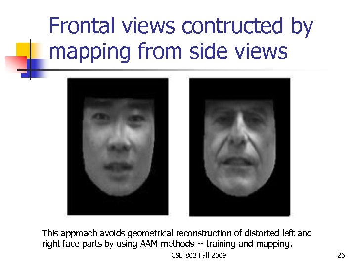 Frontal views contructed by mapping from side views This approach avoids geometrical reconstruction of