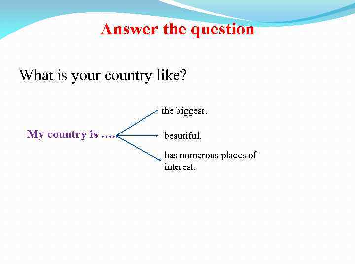 Answer the question What is your country like? the biggest. My country is ….