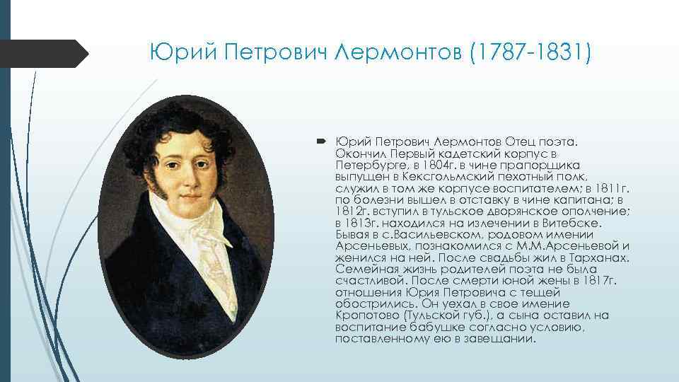 Сообщение о родителях лермонтова. Отец — Юрий Петрович Лермонтов (1787—1831), военный.. Юрий Петрович отец Лермонтова. Портрет отца Лермонтова. Отец Лермонтова биография.