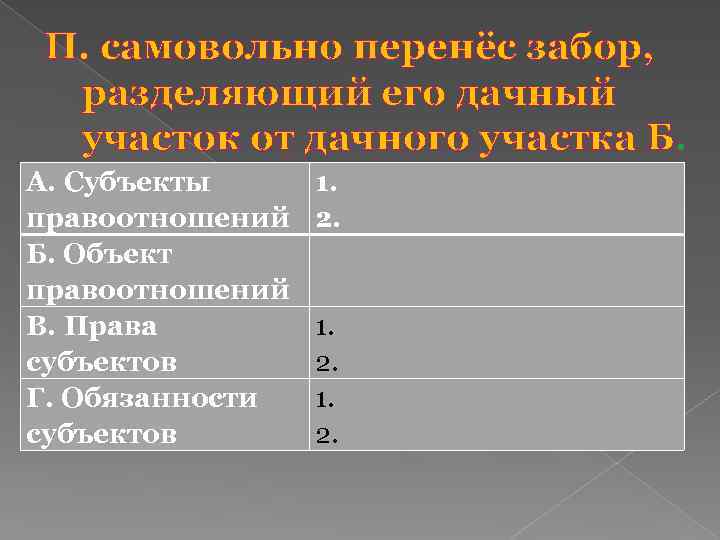 П. самовольно перенёс забор, разделяющий его дачный участок от дачного участка Б. А. Субъекты