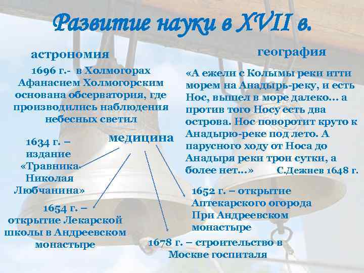 Развитие науки в XVII в. география астрономия 1696 г. - в Холмогорах Афанасием Холмогорским