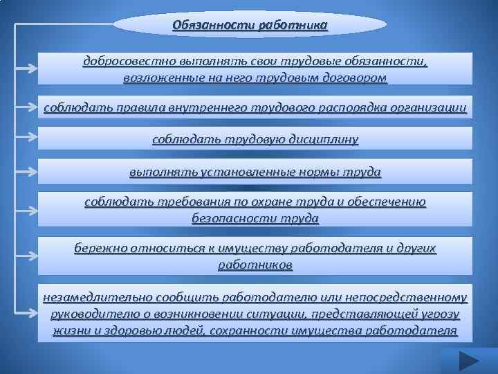 Обязанности работника добросовестно выполнять свои трудовые обязанности, возложенные на него трудовым договором соблюдать правила