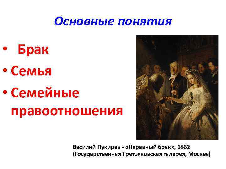 Основные понятия • Брак • Семья • Семейные правоотношения Василий Пукирев - «Неравный брак»