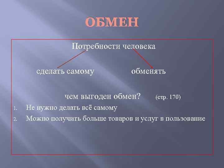 ОБМЕН Потребности человека сделать самому обменять чем выгоден обмен? 1. 2. (стр. 170) Не