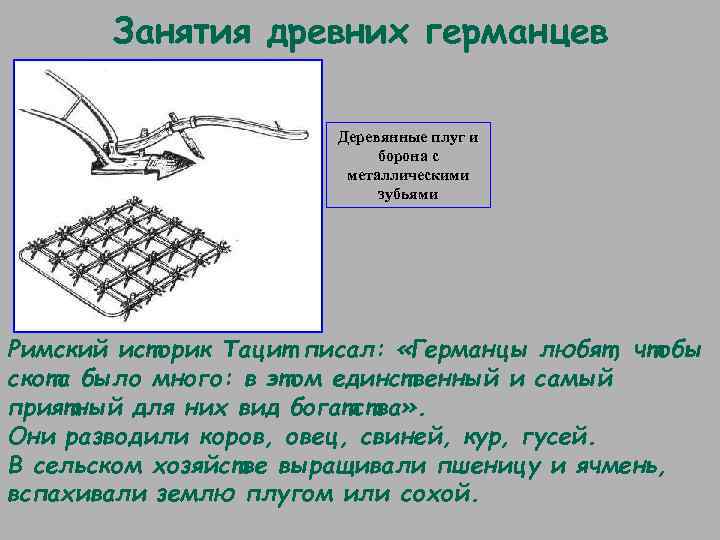 Занятия древних германцев Деревянные плуг и борона с металлическими зубьями Римский историк Тацит писал: