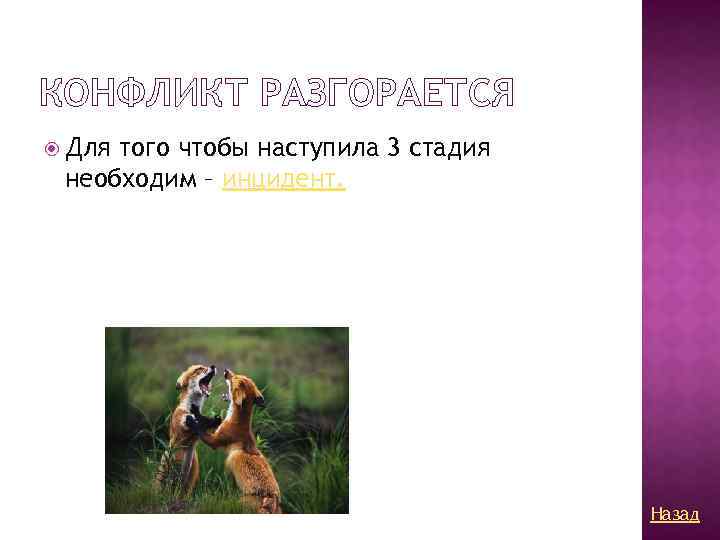 КОНФЛИКТ РАЗГОРАЕТСЯ Для того чтобы наступила 3 стадия необходим – инцидент. Назад 
