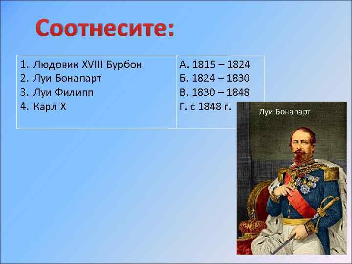 Соотнесите: 1. 2. 3. 4. Людовик XVIII Бурбон Луи Бонапарт Луи Филипп Карл X