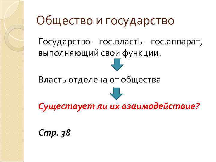 Общество и государство Государство – гос. власть – гос. аппарат, выполняющий свои функции. Власть