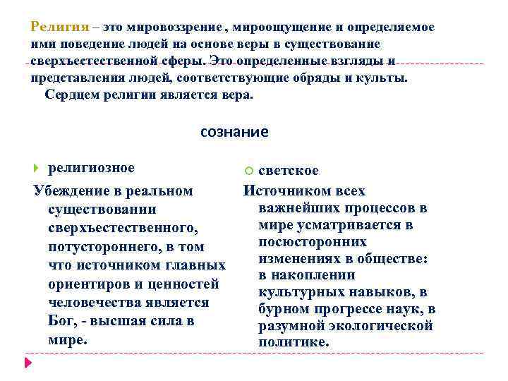 Религия – это мировоззрение , мироощущение и определяемое ими поведение людей на основе веры